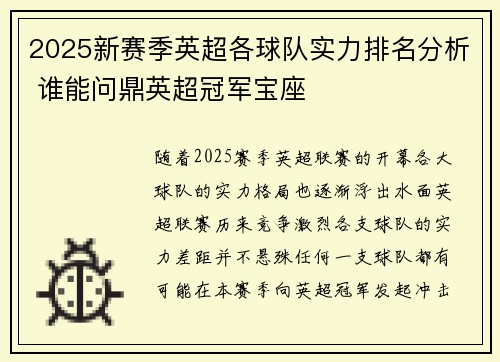 2025新赛季英超各球队实力排名分析 谁能问鼎英超冠军宝座