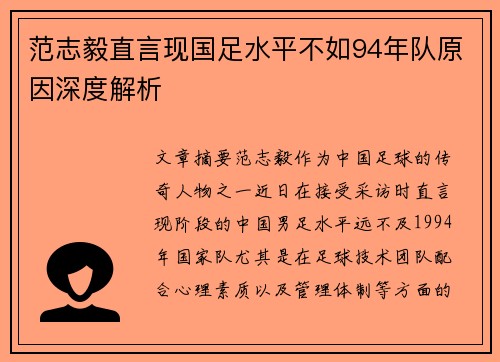范志毅直言现国足水平不如94年队原因深度解析